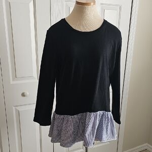 Black Top With  White Striped Ruffle At Bottom By Anthropologie Size Lg